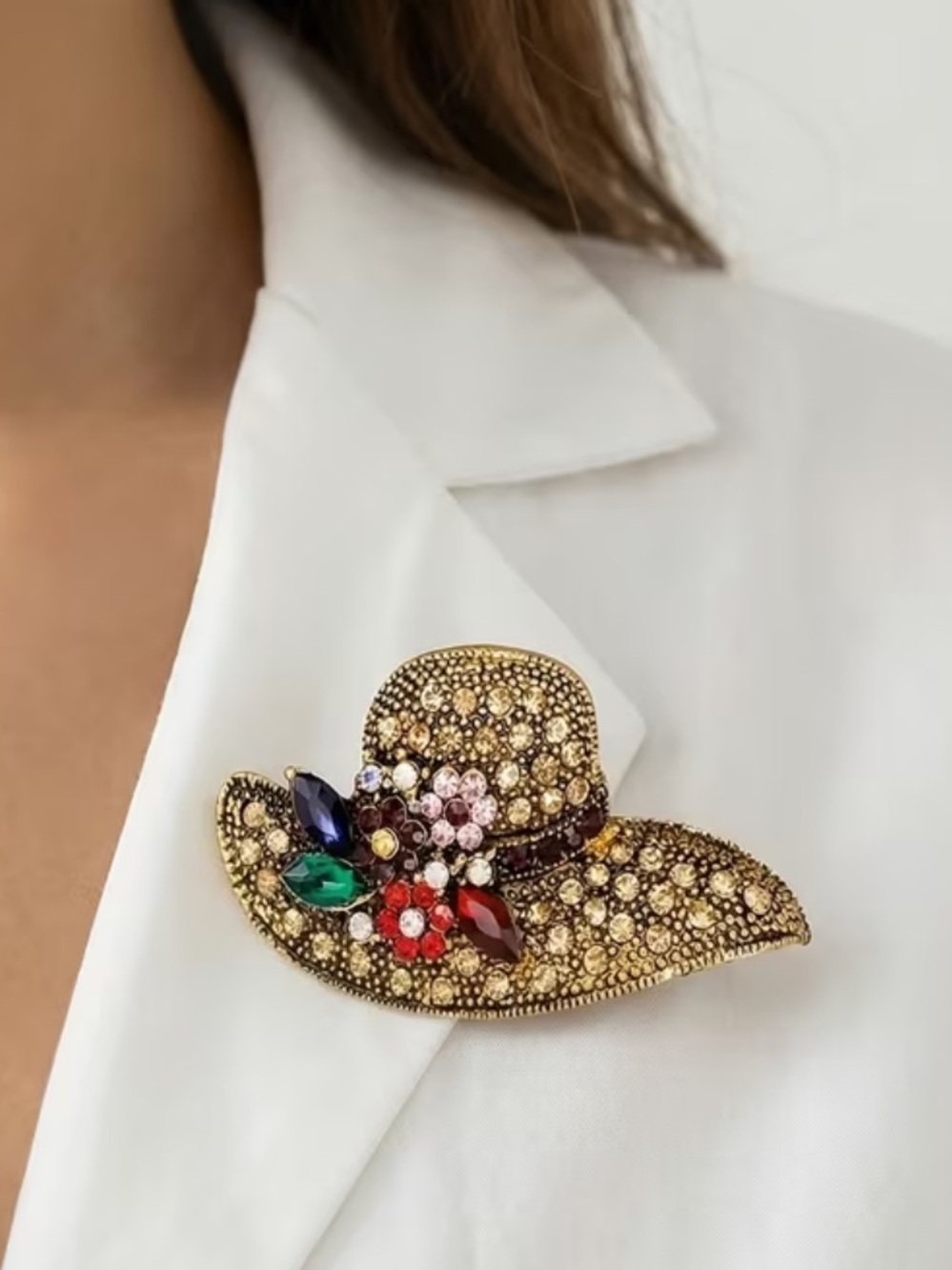 Bronze Rhinestone Hat Brooch with Multicolor Gem Flowers nwt - Picture 3 of 4
